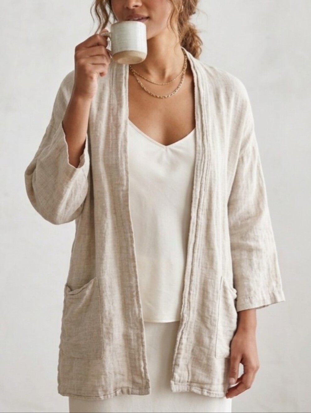 Sz M 100% Cotton-Linen Made in Italy Light Beige Open-Front Women's Cardigan
